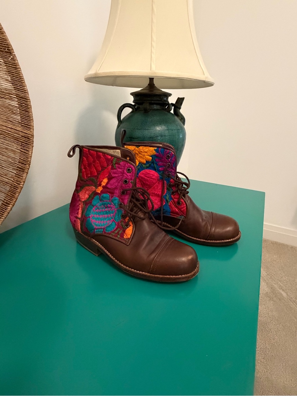 Embroidered Brown Leather Ankle Boots with Multicolor Floral Panels